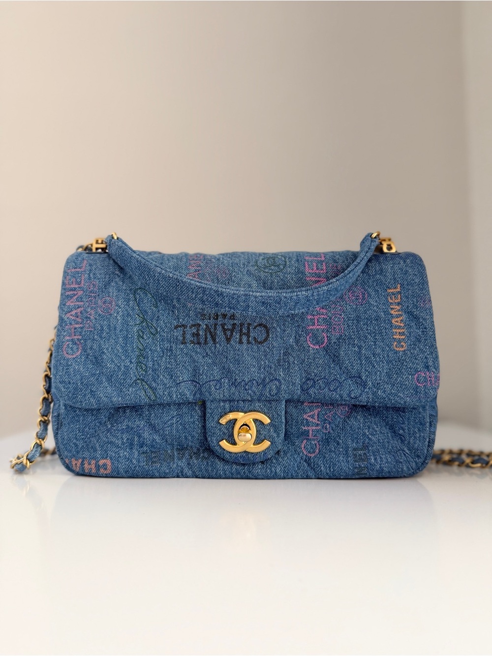 CHANEL DENIM FLAP BAG CC PRINTED LOGO
